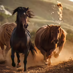 two horses running in the dirt together