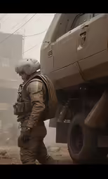 military man walking in front of large vehicle