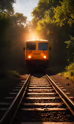 a train that is riding down the tracks,the train is driving down the tracks through the forest