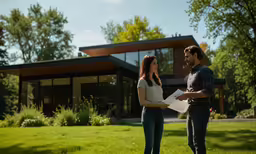 two people standing together in the grass with a paper