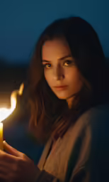 a woman holding a candle and looking up