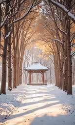the pathway is surrounded by snow and trees
