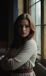 a woman looking out of a window next to a window