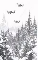 snow covered landscape with four planes flying over them