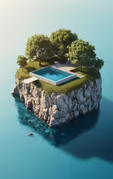 an island with a swimming pool is in the water