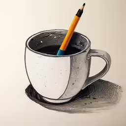 a pencil drawing a cup of black liquid with a large pencil in it