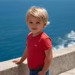 the young child stands next to the water