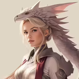 a female in a white dress and grey bird costume