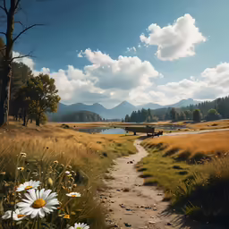 there is a bench sitting by the water in this meadow