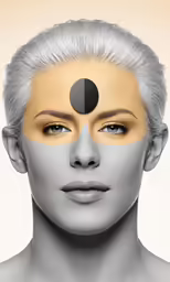 a woman with grey hair with yellow circles on her face