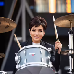 a woman that is sitting behind some drums