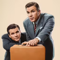 two men in suits pose for the camera while holding a suit case