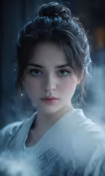 a woman with a big hair bun looks into the distance