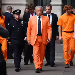 two men walking with orange prison guards