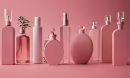 several pink bottles, one of which is empty and another with no perfume