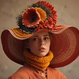 a young woman is wearing an orange hat with large flowers on it