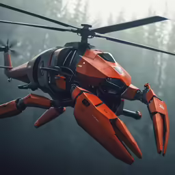 an orange helicopter with blades coming from it