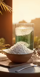 bowl full of white balls is sitting on a table