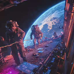 an image of a sci - fi movie scene with two men in space