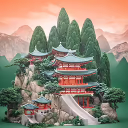 the oriental painting is a beautiful design and the landscape has a pagoda over an island