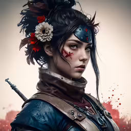 a woman is dressed as a warrior with flowers in her hair