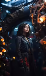 a woman wearing a leather coat is standing in front of many metal objects