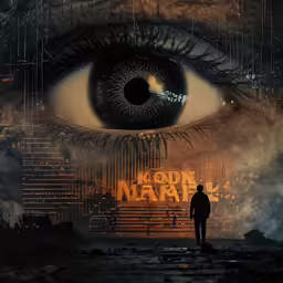 man in black looking at poster and giant eye