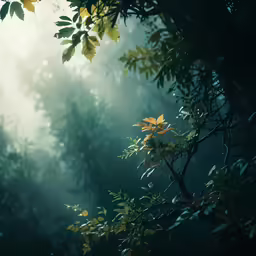 sunlight beaming through the green foliage on a foggy day