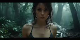 a woman standing in the woods looking into the camera