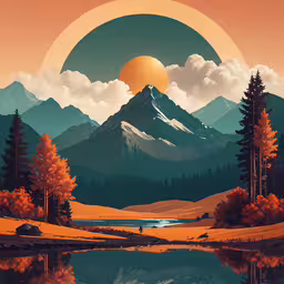 an orange background is pictured, overlaid by trees, mountains and the sun,a landscape with mountains and trees, a lake, and a sky