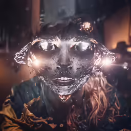 the woman is surrounded by bubbles and lights