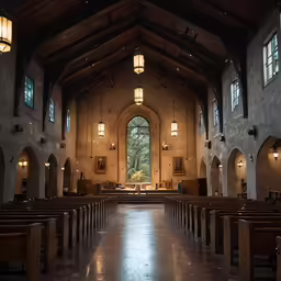 a large church with wooden pews and arched ceilings