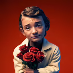 a boy holding a bunch of roses in his hands