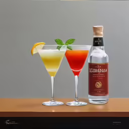 two glasses with drinks sit on top of a table