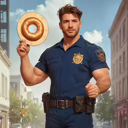 an officer holding a doughnut in his right hand