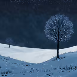 a bare tree in the snow under the stars,two trees and one hill in a snow covered landscape