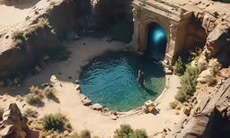 this is an aerial view of an artificial swimming pool in a canyon