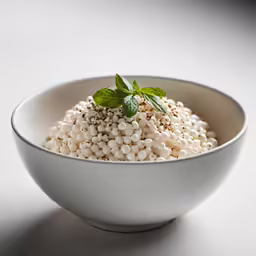 white corn in a bowl garnished with basil