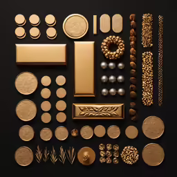 a black table topped with lots of golden items