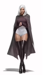 a woman in a bodysuit and cape