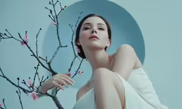 a woman in a white dress poses near a flowering branch