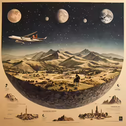 an old poster shows a man on a horse in the middle of a desert, surrounded by mountains and moon phases