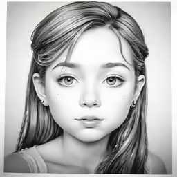 the pencil drawing shows a young girl with blue eyes