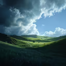 a field with clouds in the sky and trees