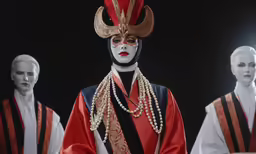 a group of people with face makeup in oriental outfits