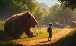 a young boy looking at a large brown bear,a boy standing in the middle of a dirt road