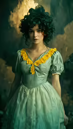 the woman is dressed in a green dress