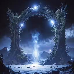 an arch opening into anotherworld with glowing lights
