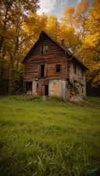 an old run down wooden barn in the woods,an old run down home sitting in a field