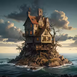 the small house is on top of a rock island